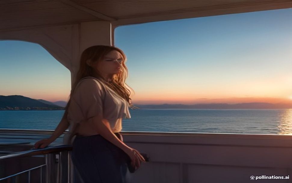 Pasajeros en la cubierta de un barco cruzando el Río de la Plata rumbo a Uruguay al atardecer